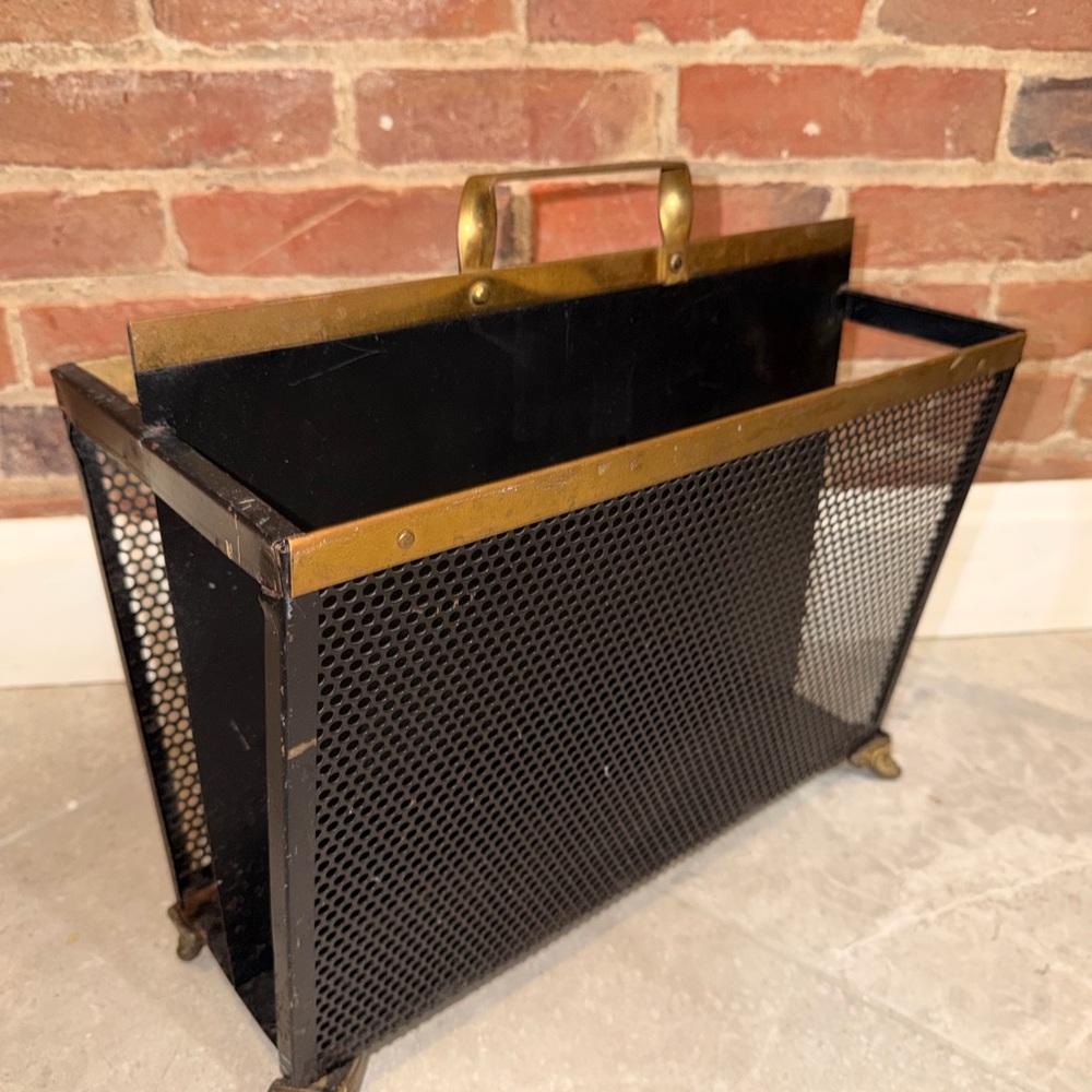 Vintage Mesh Magazine Rack with Brass Accents - Black